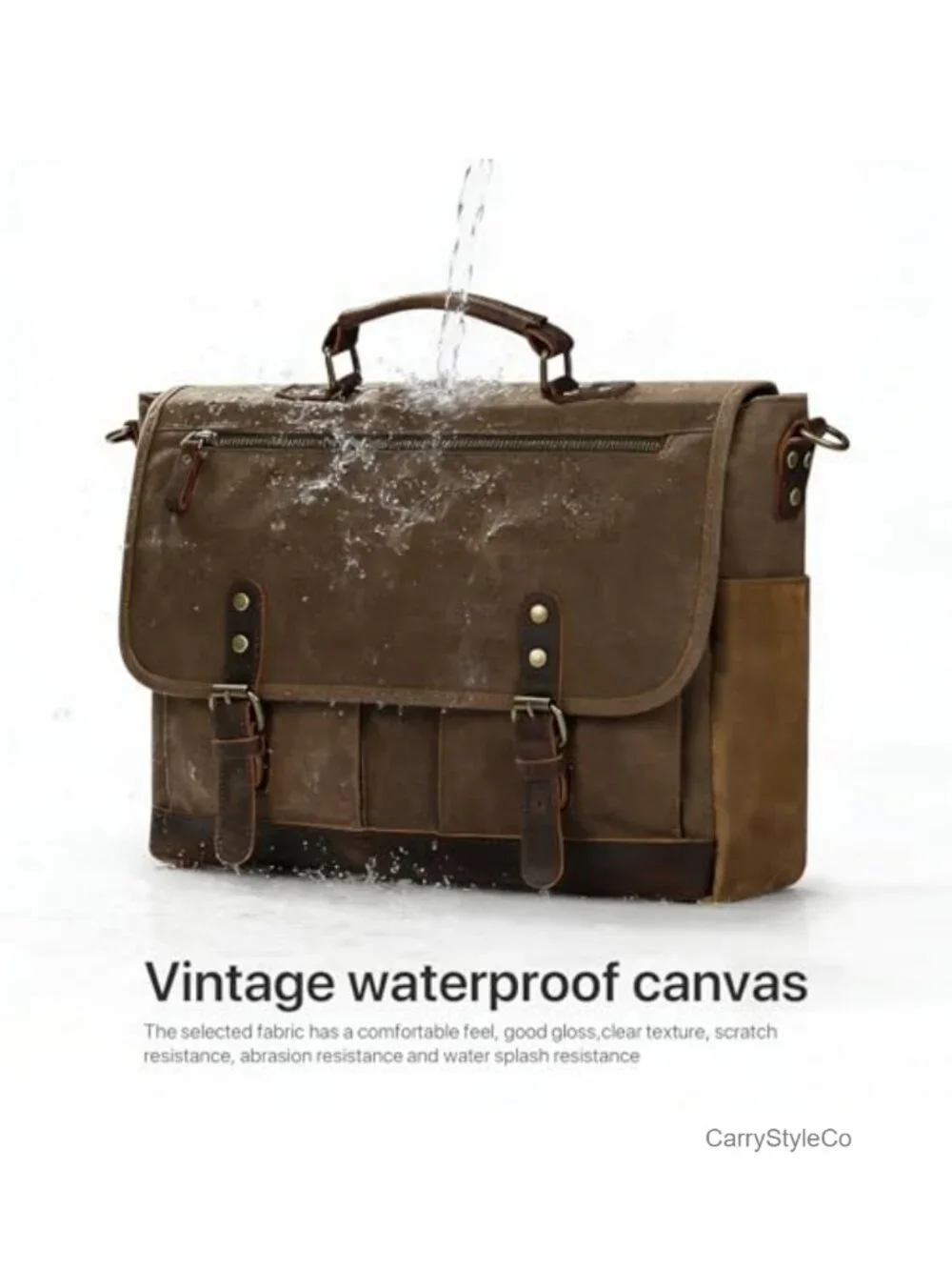 Vintage Messenger Bag, Heavy Duty Waxed Canvas & Genuine Leather Briefcase